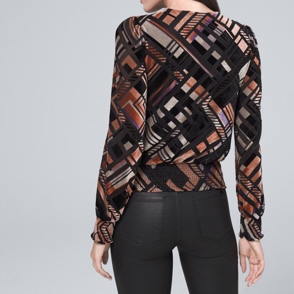 White House Black Market Geo Print Velvet Long Sleeve Blouse - Picture 3 of 8